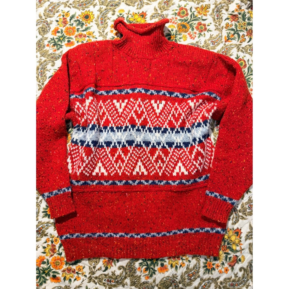 Lizwear Vintage Red Fair Isle Turtleneck Roll neck Sweater Wool Blend  M